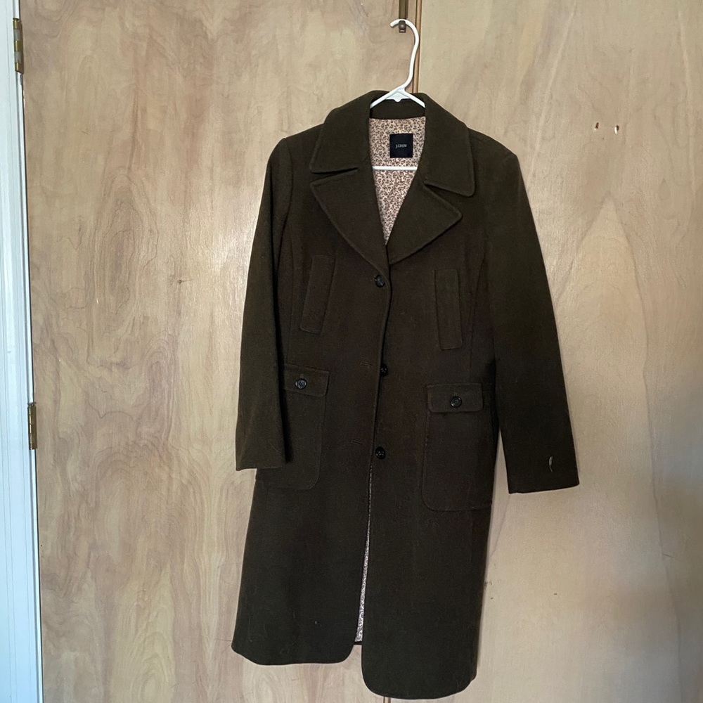 J Crew Olive Green Wool Blend Long Coat